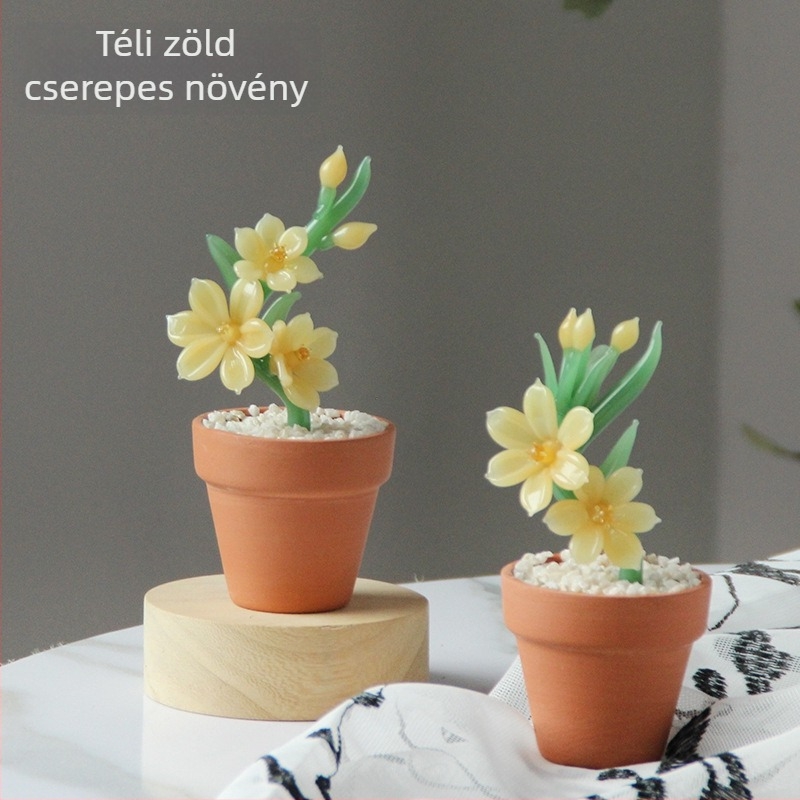 Üvegből készült Forsythia virágos bonsai mesterséges szukkulenssel – irodai asztali dísz, kis dekoráció