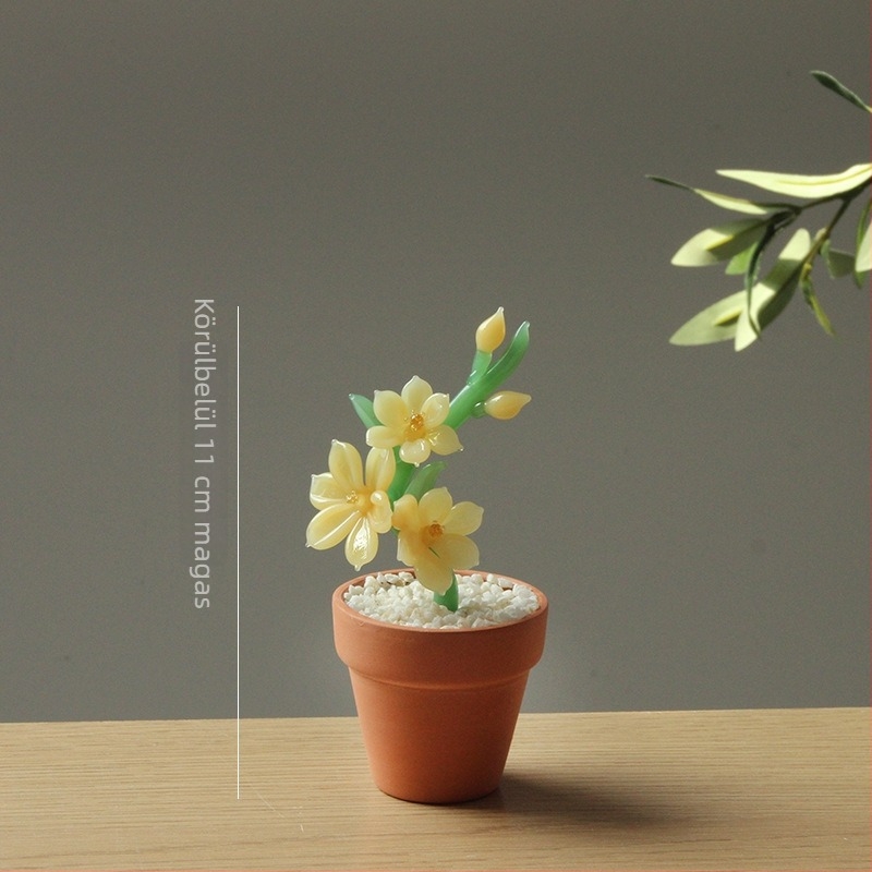 Üvegből készült Forsythia virágos bonsai mesterséges szukkulenssel – irodai asztali dísz, kis dekoráció
