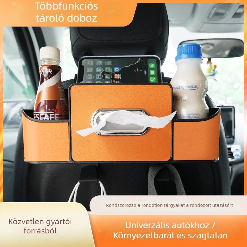 Hátsó ülésre szerelhető szervező: papírzsebkendő-tartó és pohártartó – függő tároló