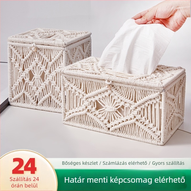 Pamutkötélből készült zsepitartó doboz, nordic stílusú asztali tároló