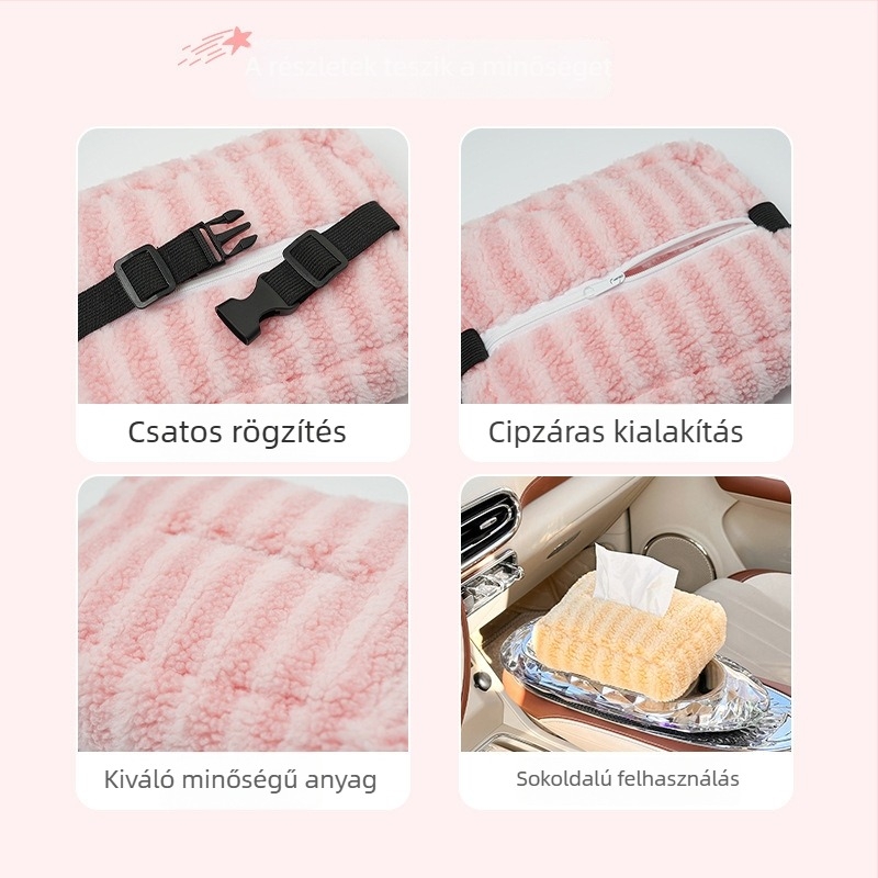 Csíkos plüss autós zsebkendő tartó akasztóval, többfunkciós DIY