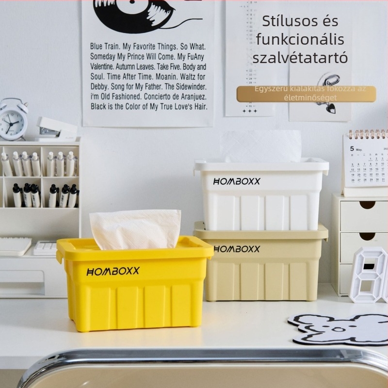 Ipari stílusú szalvétatartó doboz rugós emelőmechanizmussal, asztali kivitel, nappali, hálószoba és iroda számára