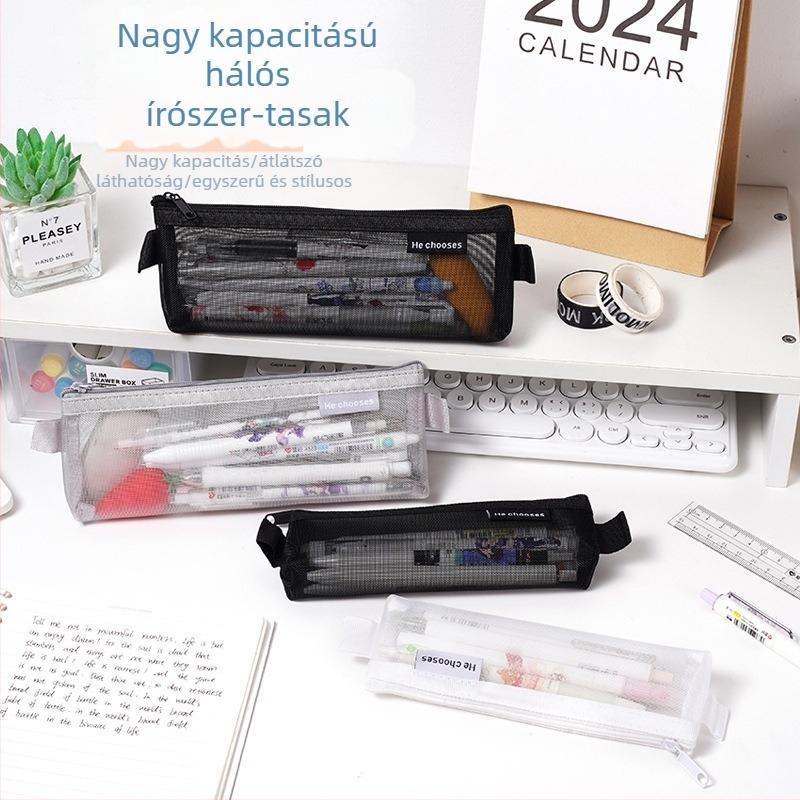 Minimalista, átlátszó nylon hálós ceruzatartó, háromszög alakú, diákok számára