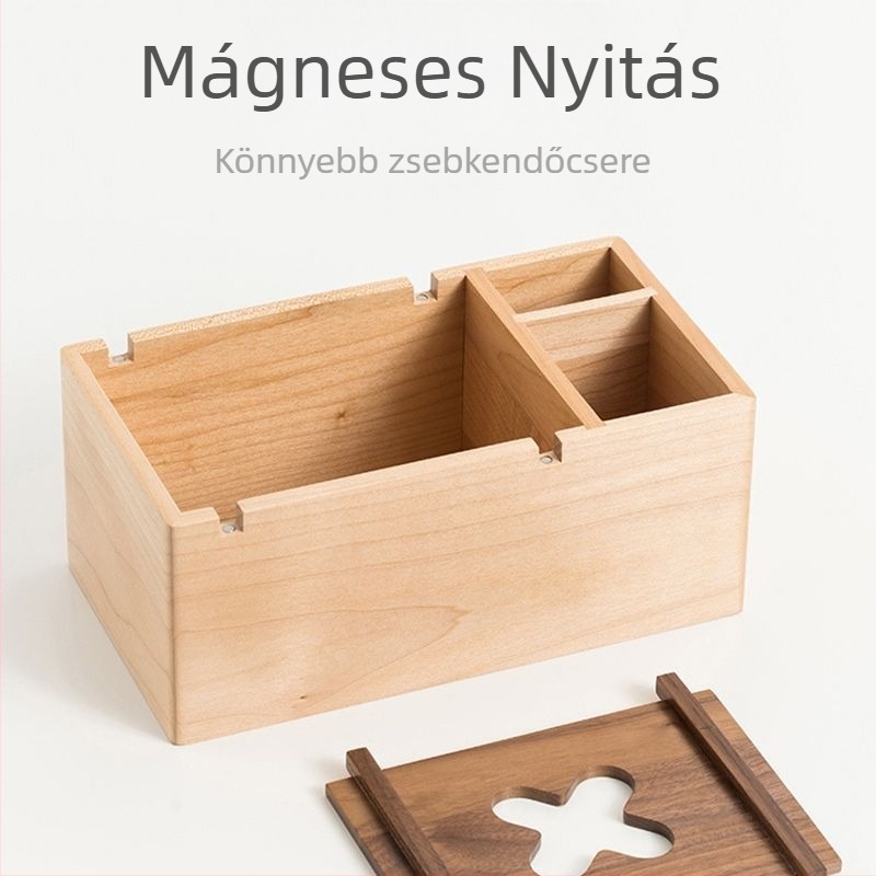 Tömörfa papírzsebkendő tartó kontrasztos színekkel, bükkfa anyagú multifunkcionális tartó mágneses fedéllel a nappaliba