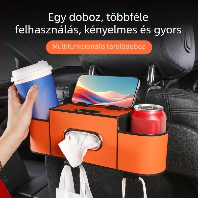 Bőrből készült univerzális autó hátsó ülés szervező pohártartóval, tároló zsebbel és zsebkendő-dobozzal