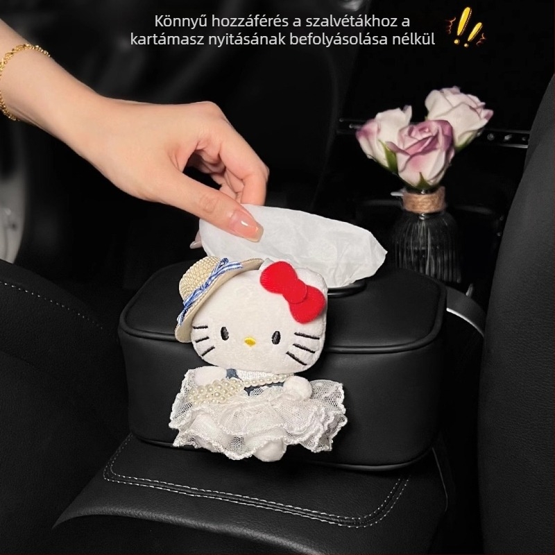 Bőrhatású autós szalvétatartó doboz cicás mintával, karfa és hátsó üléshez illő tartó, méretek 17.5×7×6.5 cm, lányoknak