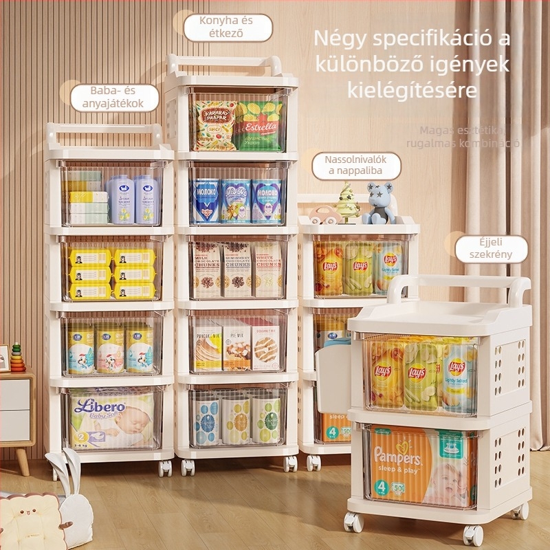 Íróasztal alatti fiókos tároló kocsi, levehető többszintes rekeszekkel játékokhoz, nassolnivalókhoz és kozmetikumokhoz