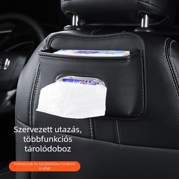 Bőr autós zsepiadoboz, hátulra akasztható tartóval az ülés támla mögé