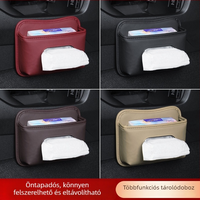 Bőr autós zsepiadoboz, hátulra akasztható tartóval az ülés támla mögé
