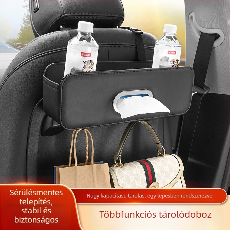 Hátsó ülésre akasztható autó szervező – bőrből készült, zsebkendő-tartó és pohártartó, nagy kapacitás