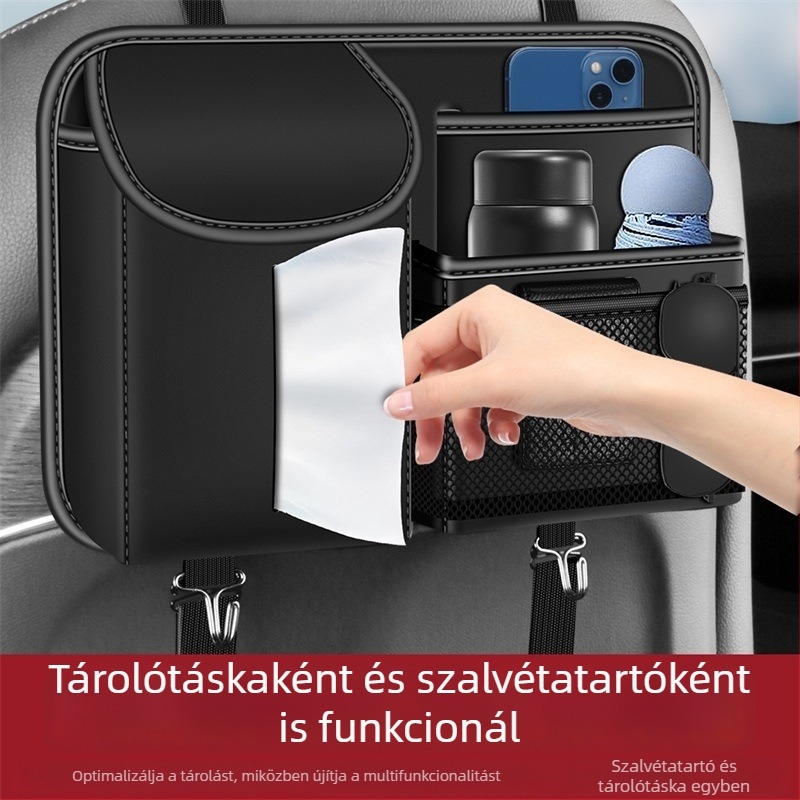 Autóülés hátuljára szervező — függő tároló táska, zsebkendő tartó és szemetes
