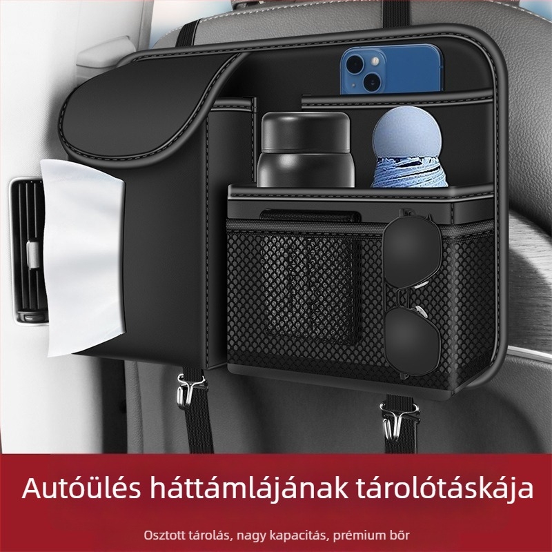 Autóülés hátuljára szervező — függő tároló táska, zsebkendő tartó és szemetes