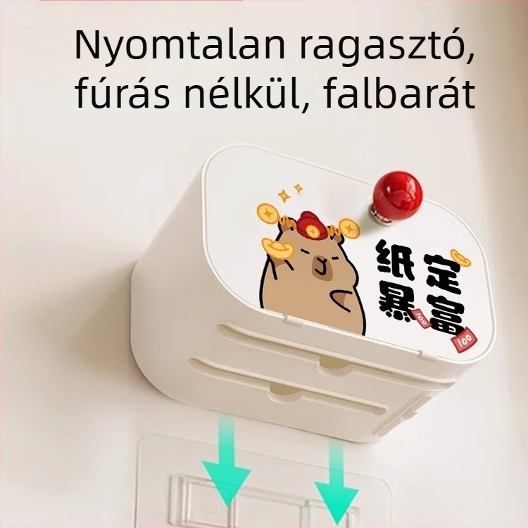 Kapibala vízálló toalettpapírdoboz, falra szerelhető tekercstartó, fúrás nélküli fürdőszobai tároló