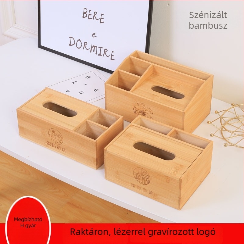 Bambusz papírzsebkendő tartó, távirányító szervező és gravírozott logó