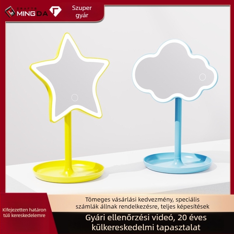 LED asztali sminktükör világítással, rajzfilmszerű lány stílusú, hordozható kozmetikai tükör az asztalhoz