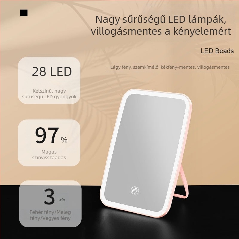 LED sminktükör világítással, érintésérzékeny, asztali szépség-tükör USB-vel élő közvetítéshez