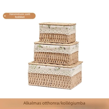 Szövött íróasztali tárolódoboz fedéllel, imitált rattanból, kis tárgyak, nassolnivalók és kozmetikumok tárolására