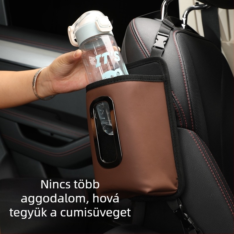 Bőr autóülés oldalán található tároló táska – vízpalack és zsebkendő doboz tárolására