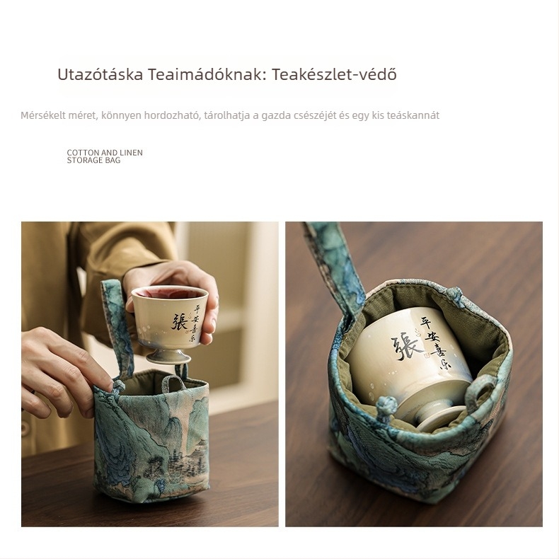 Teáskészlet tároló táska teáskannához és poharakhoz – textil hordtáska, hordozható kültéri brokát ajándékdoboz