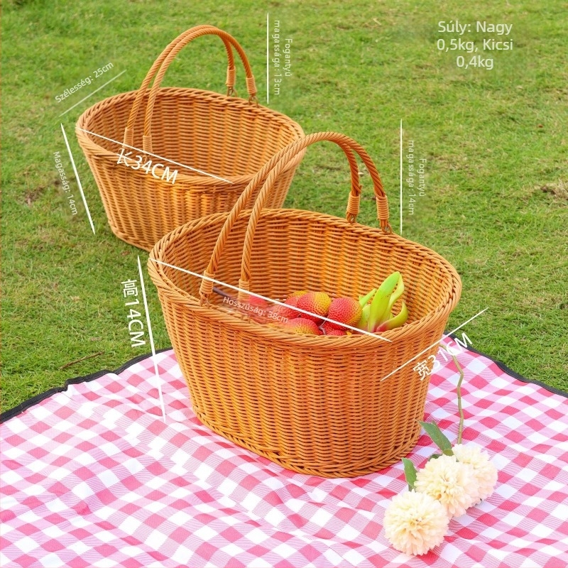 Kézben tartható rattan virágkosár, piknik kosár, háztartási gyümölcs- és zöldségkosár, bevásárló kosár, tároló kosár, összecsukható piknik kosár