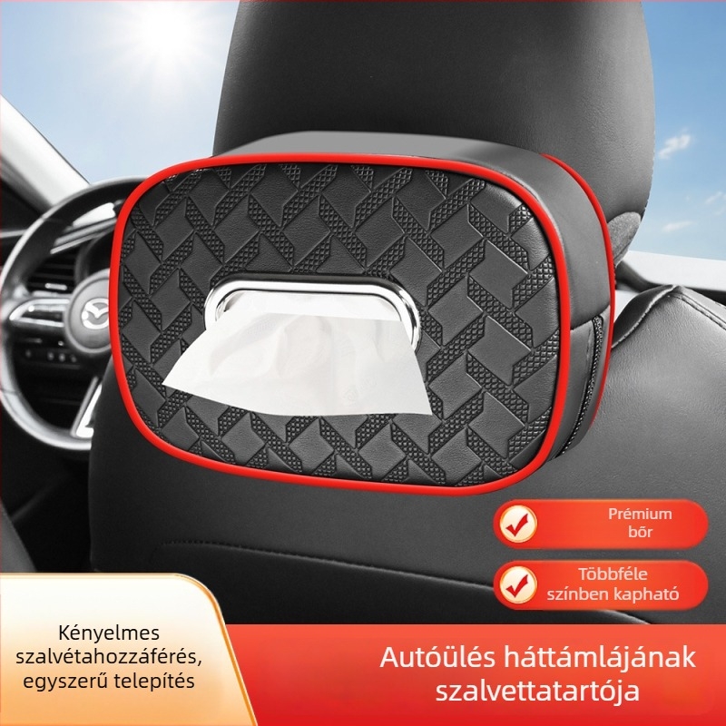 Bőr autós zsebkendő tasak és zsebkendő doboz – kartámaszhoz rögzíthető, függő szervező
