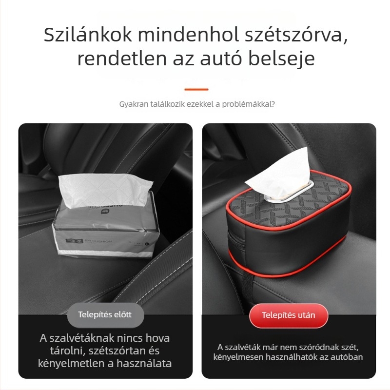 Bőr autós zsebkendő tasak és zsebkendő doboz – kartámaszhoz rögzíthető, függő szervező