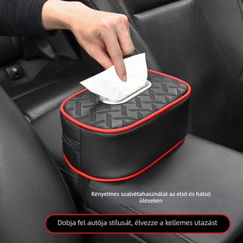 Bőr autós zsebkendő tasak és zsebkendő doboz – kartámaszhoz rögzíthető, függő szervező