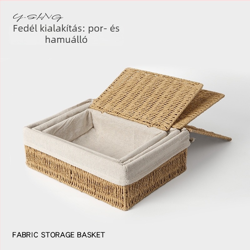 Asztali fonott tárolókosár fedővel, nagy kapacitású, kávézóasztalhoz, apróságok és nassolnivalók tárolására, imitált rattan
