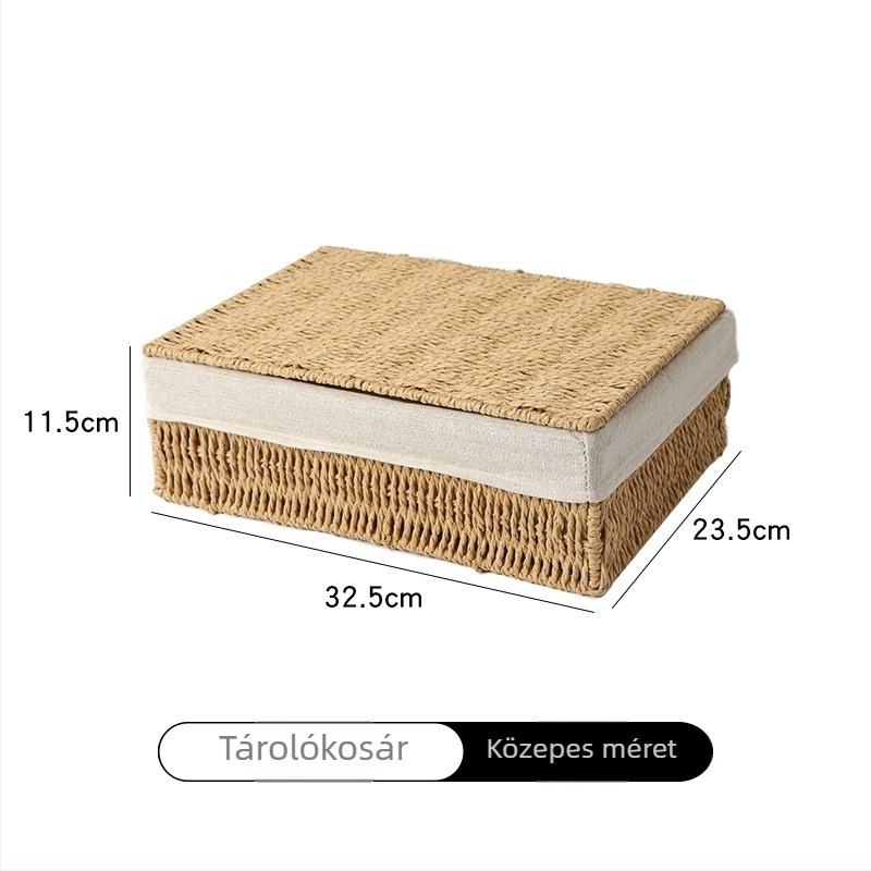 Asztali fonott tárolókosár fedővel, nagy kapacitású, kávézóasztalhoz, apróságok és nassolnivalók tárolására, imitált rattan