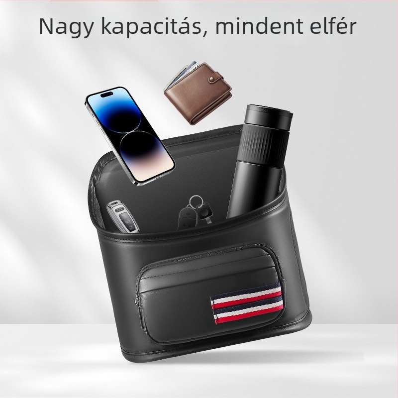 Bőr autóülés hátuljára szánt tároló, függő tárolózseb, vízálló, többfunkciós, száraz–nedves elkülönítés, univerzális illeszkedés