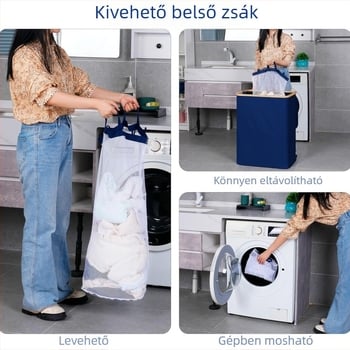Nagy kapacitású mosókosár forgó kerekekkel, 3 levehető belső zsebbel, vízálló piszkos ruhás kosár mosókonyha és hálószoba számára