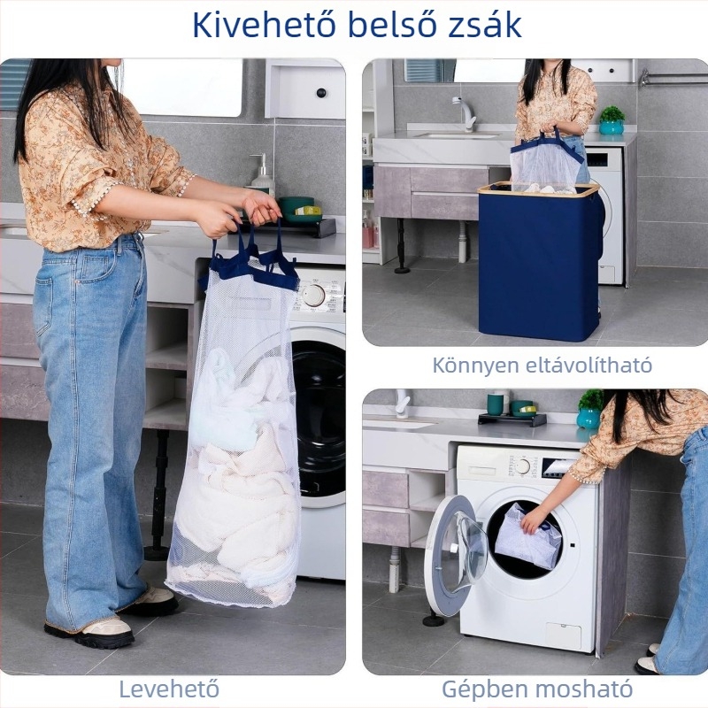 Nagy kapacitású mosókosár forgó kerekekkel, 3 levehető belső zsebbel, vízálló piszkos ruhás kosár mosókonyha és hálószoba számára