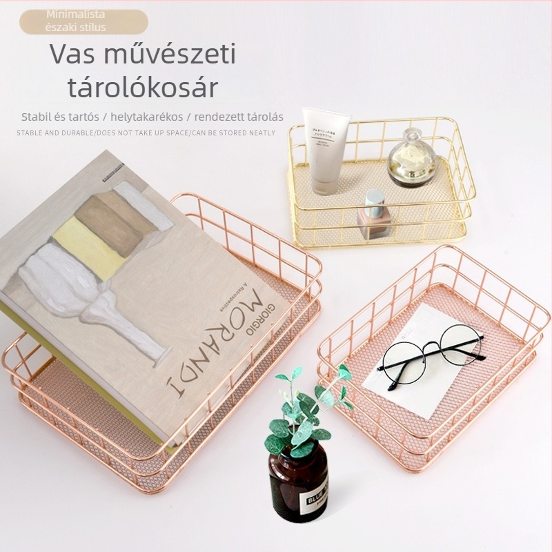 Világos luxus vasból készült asztali tárolókosár – nassolnivalók, kozmetikumok, rúzs és könyvek számára