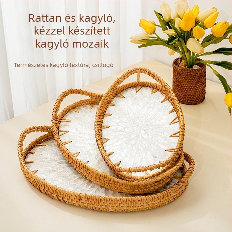 Kézzel készített rotangból készült kagyló alakú, színes, körkörös nordikus stílusú gyümölcs- és zöldségkosár, édességtál