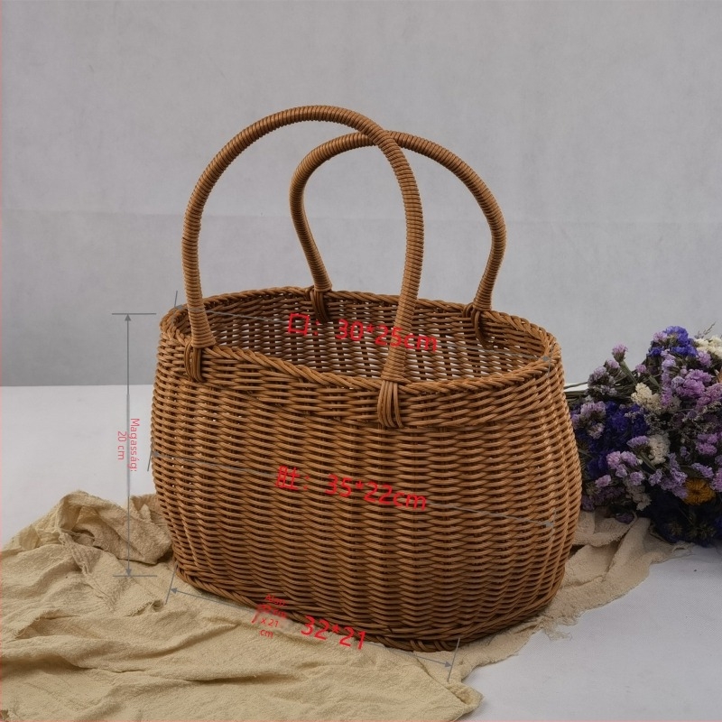 Rattan-stílusú kézben tartható kosár, műanyag fonat, vintage vidéki stílus virágokhoz és zöldségekhez