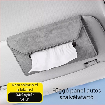 Bőr autós zsebkendő tartó, akasztva a napellenzőhöz, belső tároló, méretek 24 x 13 x 3 cm