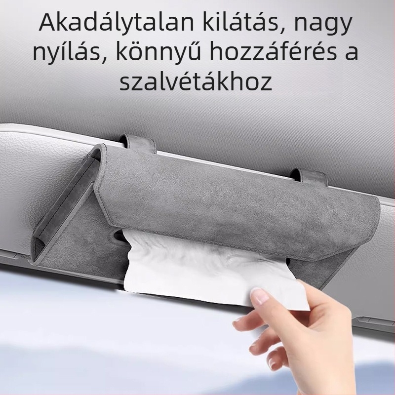 Bőr autós zsebkendő tartó, akasztva a napellenzőhöz, belső tároló, méretek 24 x 13 x 3 cm