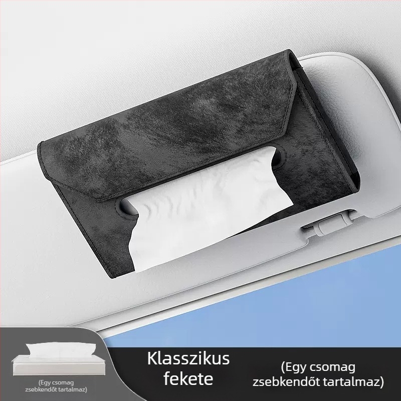 Bőr autós zsebkendő tartó, akasztva a napellenzőhöz, belső tároló, méretek 24 x 13 x 3 cm