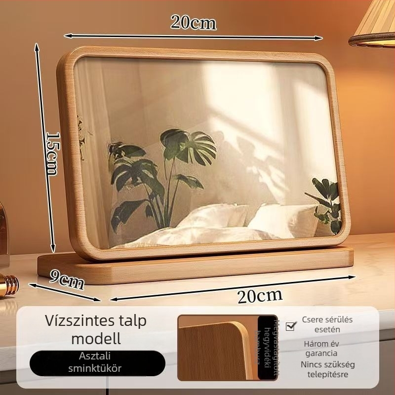 Bambusz sminktükör asztali használatra, fa kerettel, retro stílusú kollégiumi szobába
