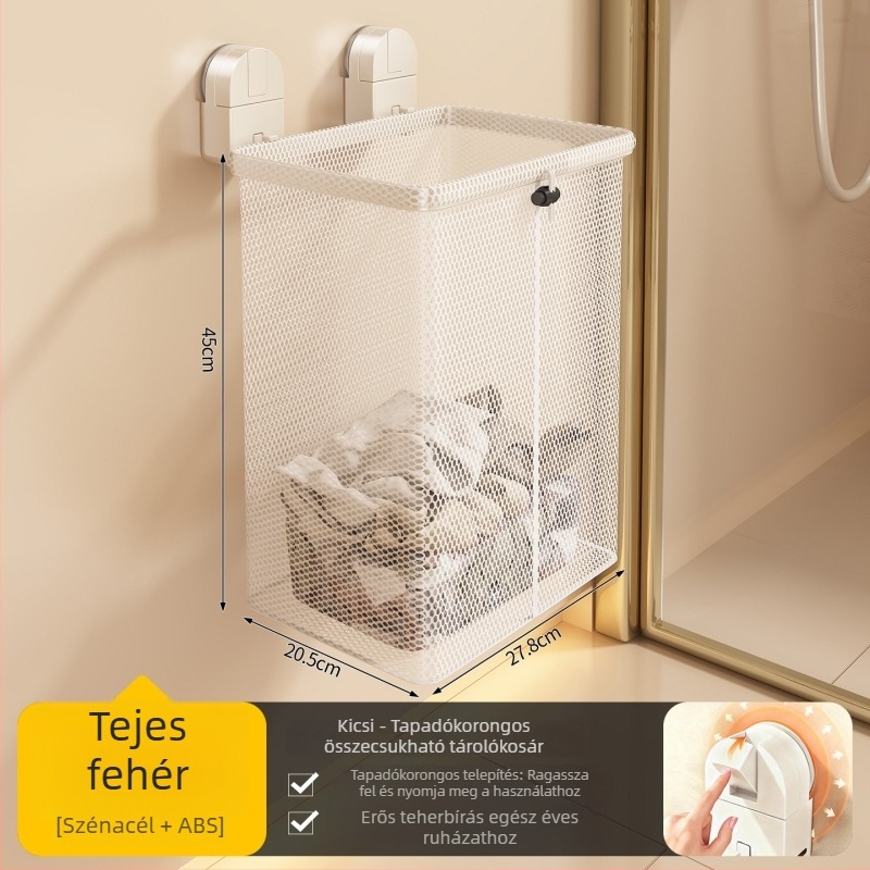 Fali szerelhető, összecsukható szennyeskosár fürdőszobába