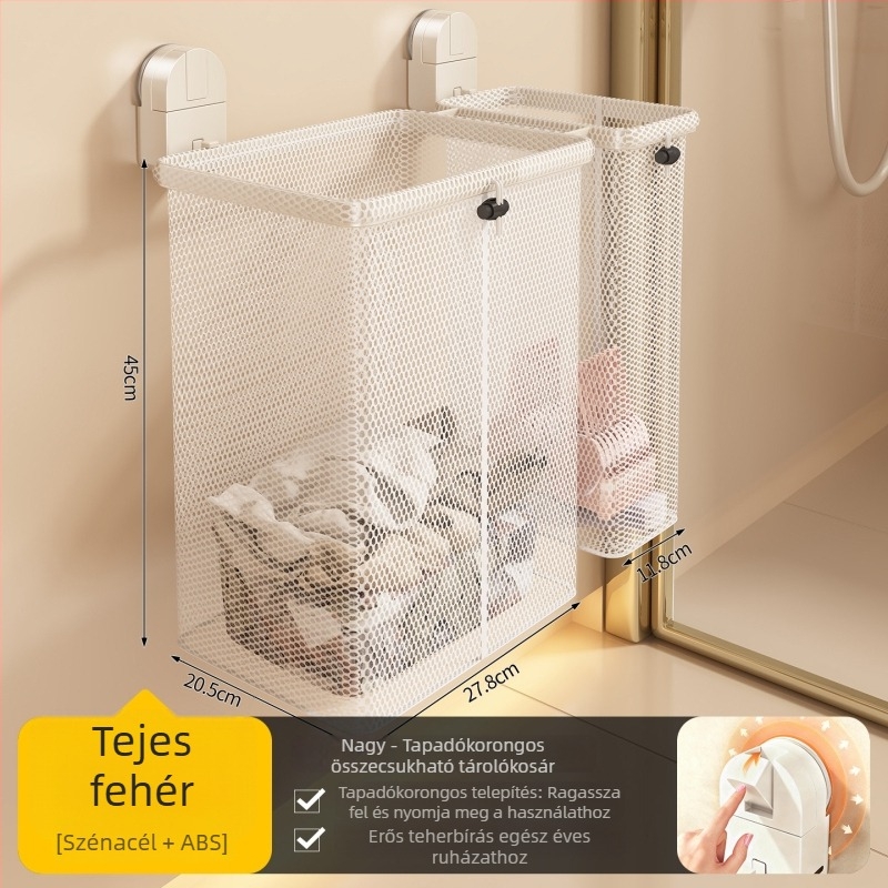 Fali szerelhető, összecsukható szennyeskosár fürdőszobába