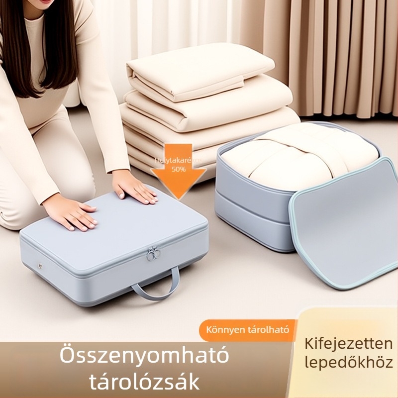 Utazási kompressziós tároló táska ruháknak, pehelykabát, ágynemű és paplan tárolására – porvédett, otthoni használatra