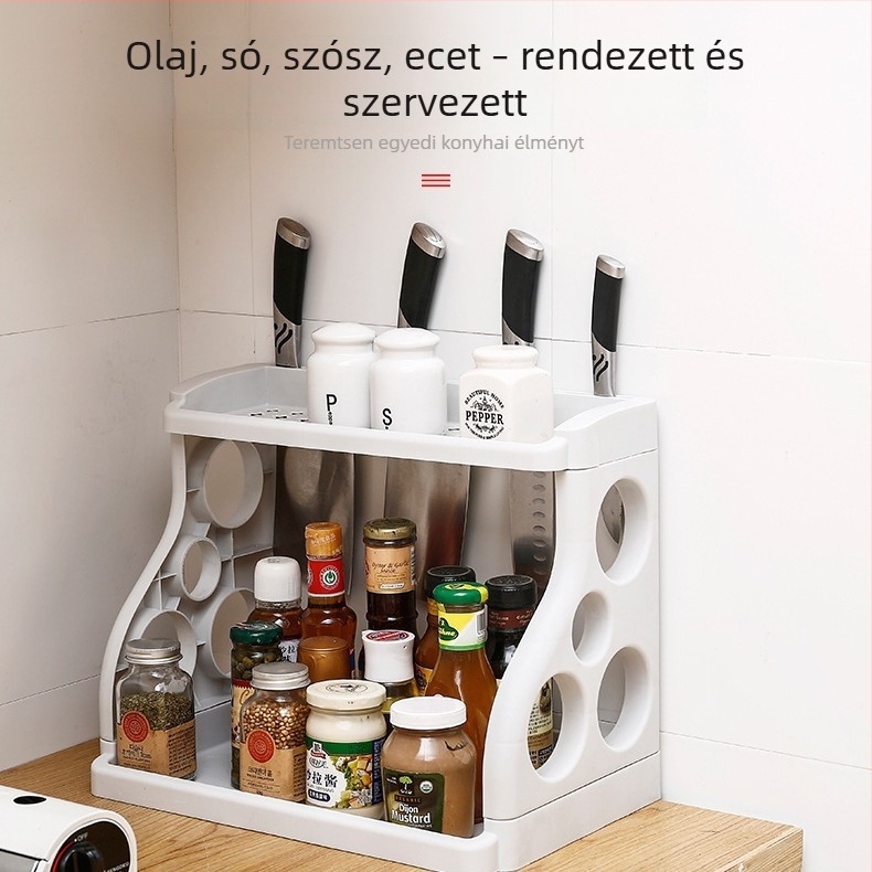 Kétszintes műanyag konyhai tárolóállvány fűszerekhez, edényekhez és eszközökhöz