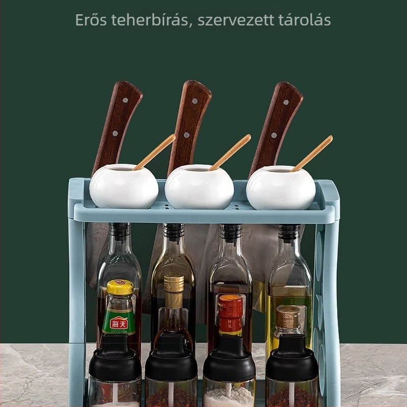 Kétszintes műanyag konyhai tárolóállvány fűszerekhez, edényekhez és eszközökhöz