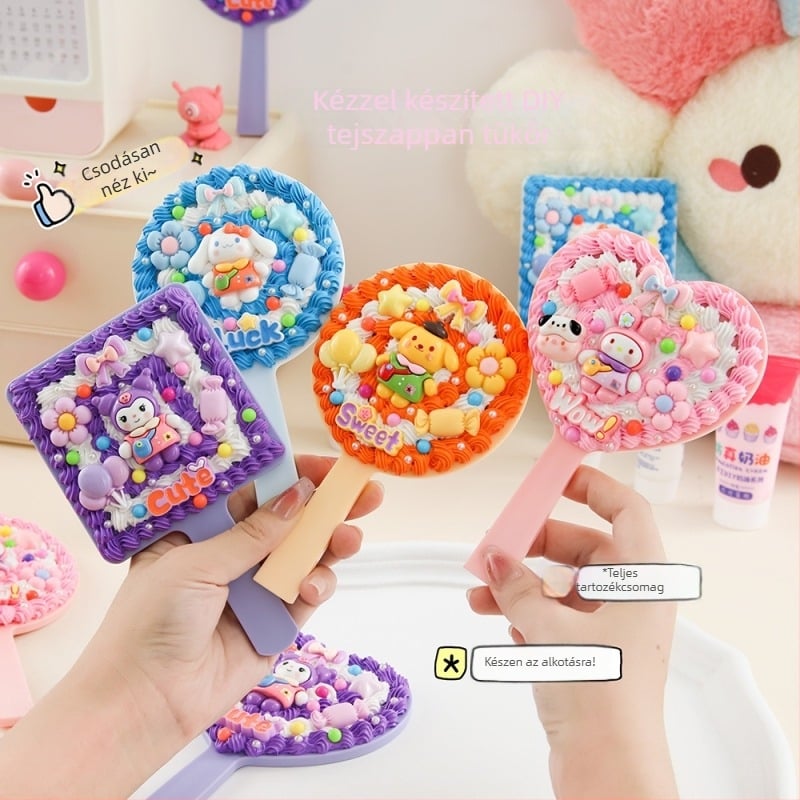 Kézzel készített DIY krémragasztóval készült kézi sminktükör, Instagram-stílusú, cukorka színű 3D gyanta fogantyú