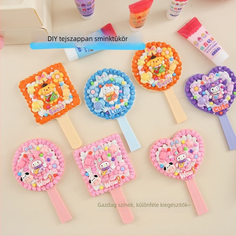 Kézzel készített DIY krémragasztóval készült kézi sminktükör, Instagram-stílusú, cukorka színű 3D gyanta fogantyú