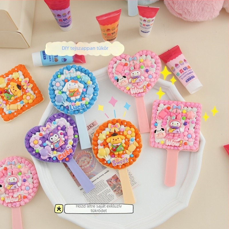Kézzel készített DIY krémragasztóval készült kézi sminktükör, Instagram-stílusú, cukorka színű 3D gyanta fogantyú