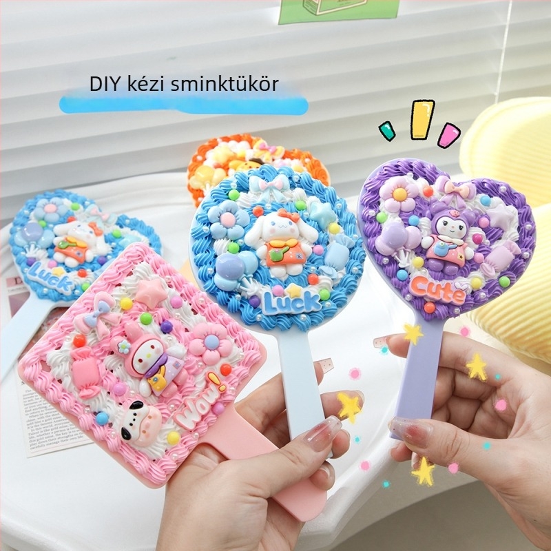Kézzel készített DIY krémragasztóval készült kézi sminktükör, Instagram-stílusú, cukorka színű 3D gyanta fogantyú
