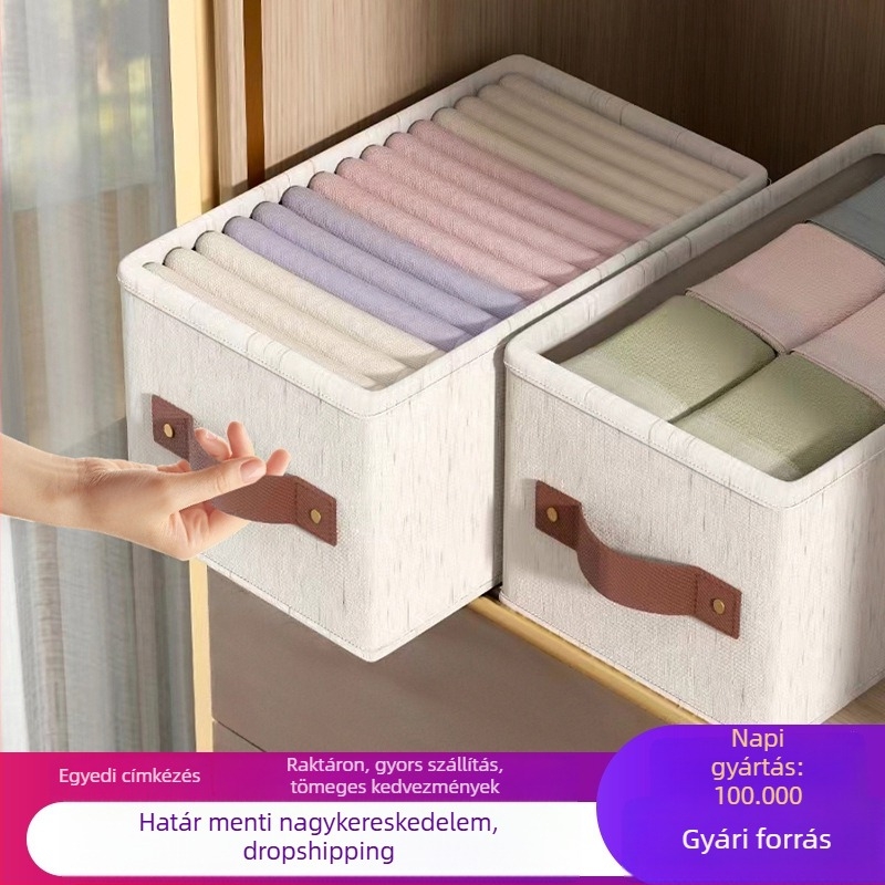 Pamut-len tároló doboz ruhákhoz, összehajtható, rekesz nélkül, fiókos stílus