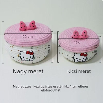 Asztali tárolókosár fedéllel, aranyos macska motívummal, pamutszálból fonott